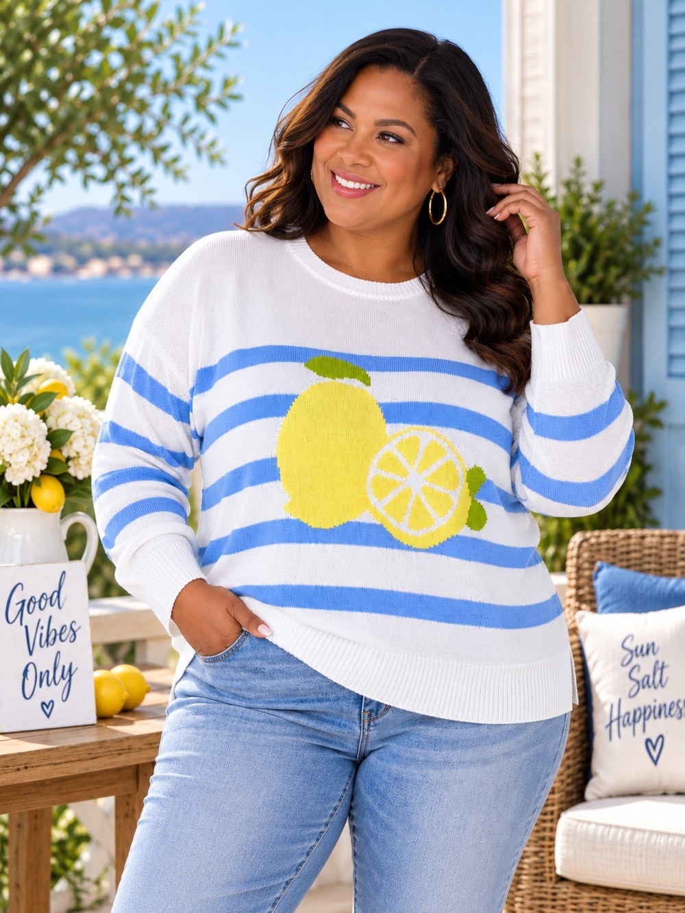 Kathy Ireland 3X Lemon Graphic Blue White Striped Sweater NWT